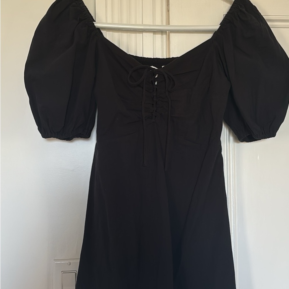 H&M Black Linen Blend Shoulder Puff Sleeve Mini Dress
